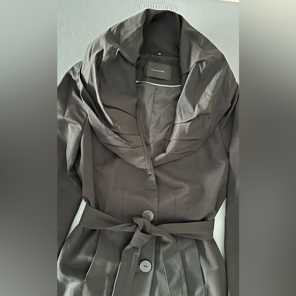 Tahari Black Rain Jacket with tied belt at waist. Size M - Picture 2 of 9